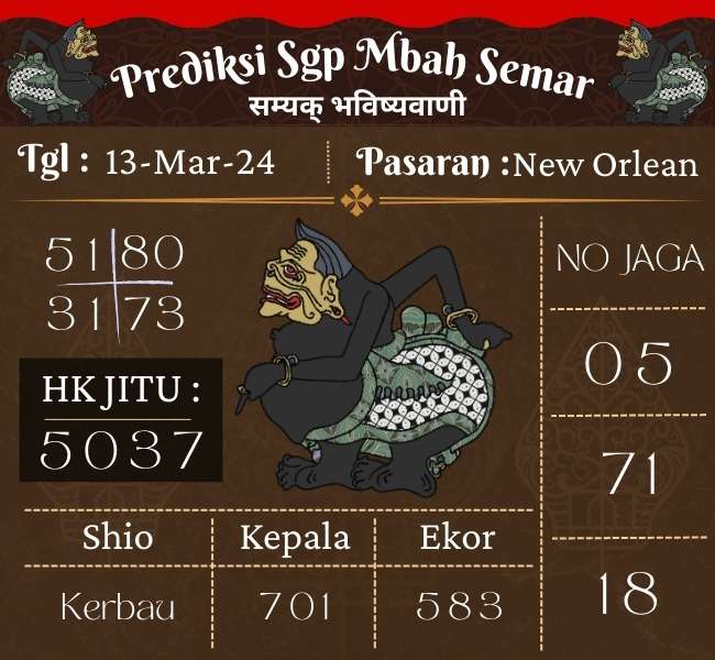 Prediksi SGP Mbah Semar Hari Ini 13 Maret 2024