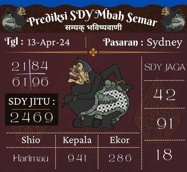 Prediksi SDY Mbah Semar Hari Ini 13 April 2024