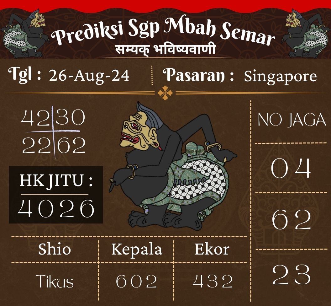 Prediksi Togel SGP Mbah Semar Hari Ini 26 Agustus 2024
